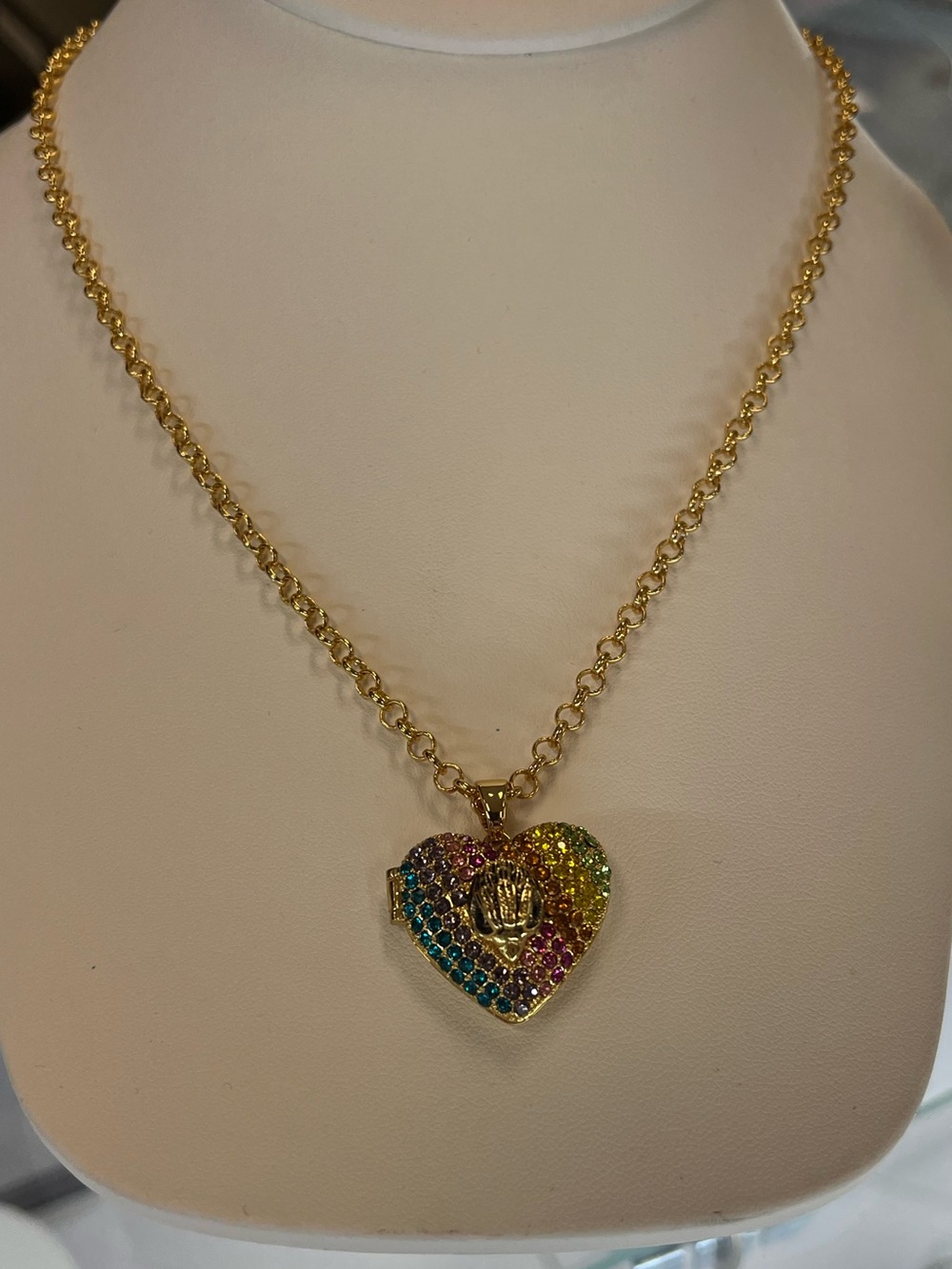 Kurt Geiger Gold Heart Locket Necklace with Rainbow Stones and Eagle Head